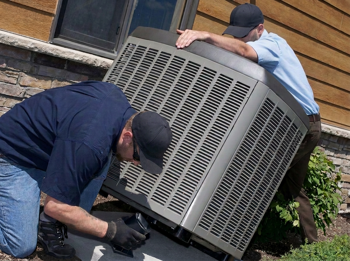 Two HVAC technicians positioning an outdoor residential AC condenser