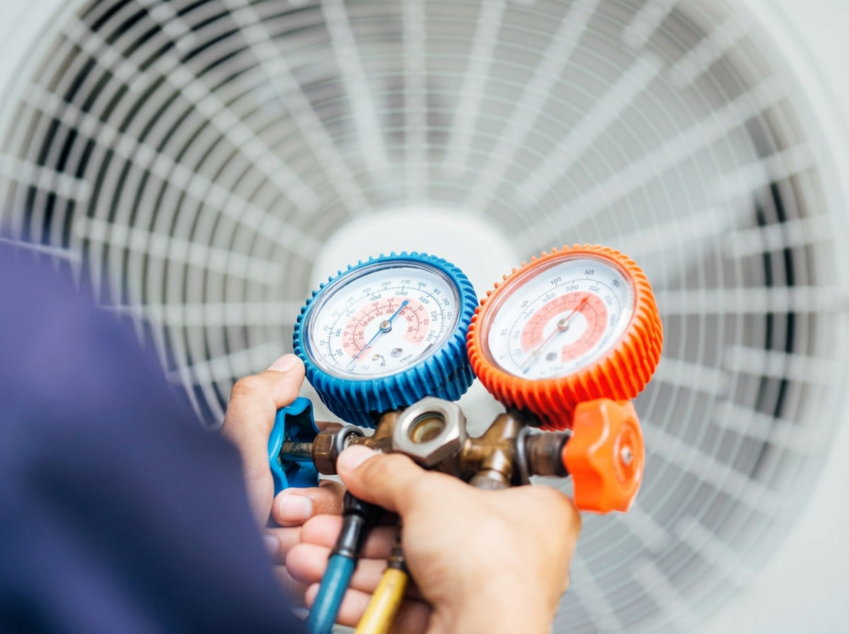 Technician using refrigeration gauges on an outdoor AC condenser