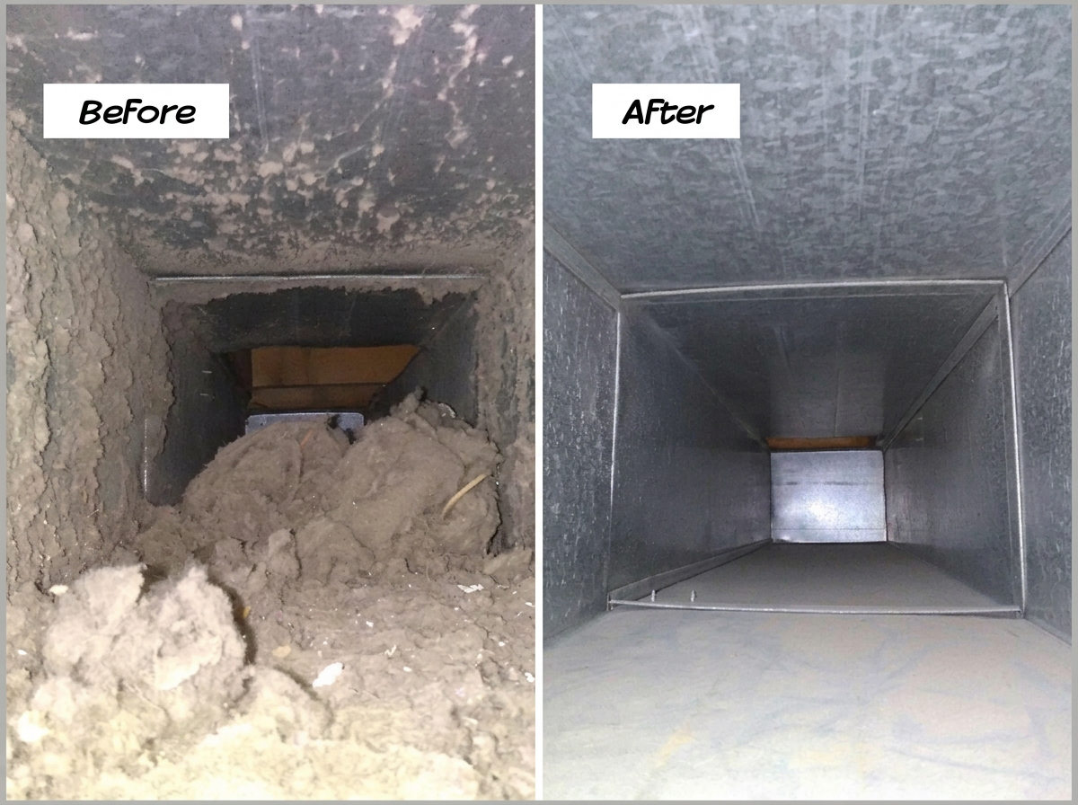 Before and after view of an air duct cleaning result