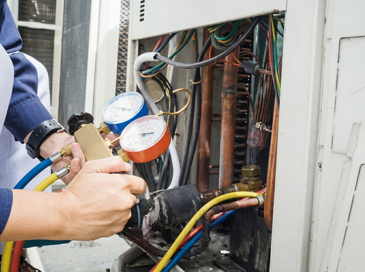 Technician performing refrigeration system diagnostics